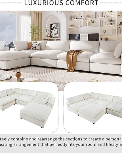 176.4 inch Oversized Sectional Sofa with Removable Ottoman, 5-Seater L Shaped Modular Corner Couch for Living Room, Office, Spacious Space, Beige - LeafyLoom