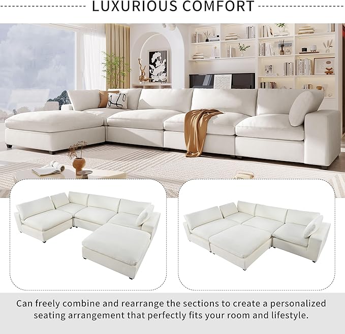 176.4 inch Oversized Sectional Sofa with Removable Ottoman, 5-Seater L Shaped Modular Corner Couch for Living Room, Office, Spacious Space, Beige - LeafyLoom
