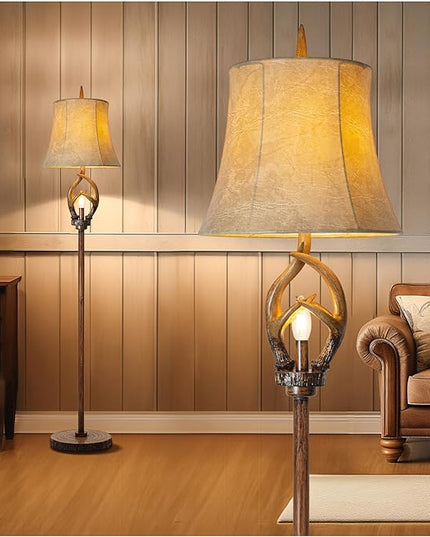 Rustic Farmhouse Antlers Floor Lamp with Night Light Faux leather Bell Shade Brown Finish Tall Industrial Tall Standing Lamp Decor for Living Room Bedroom Hotel Office (LED Bulb Included) - LeafyLoom