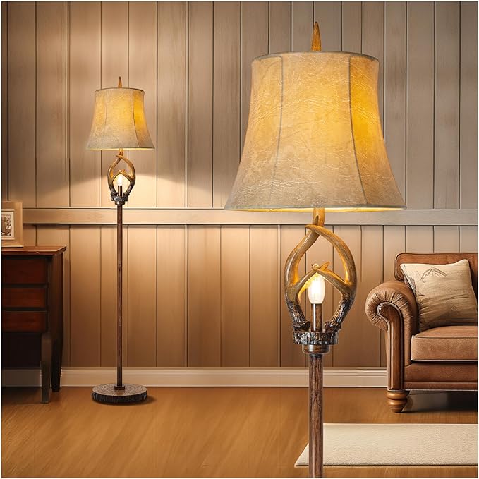 Rustic Farmhouse Antlers Floor Lamp with Night Light Faux leather Bell Shade Brown Finish Tall Industrial Tall Standing Lamp Decor for Living Room Bedroom Hotel Office (LED Bulb Included) - LeafyLoom