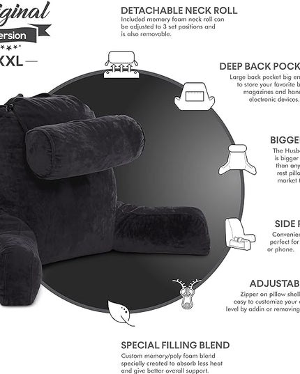 Husband Pillow XXL Black Backrest with Arms - Adult Reading Pillow with Shredded Memory Foam, Ultra-Comfy Removable Microplush Cover & Detachable Neck Roll - Unmatched Support Bed Rest Sit Up Pillow - LeafyLoom