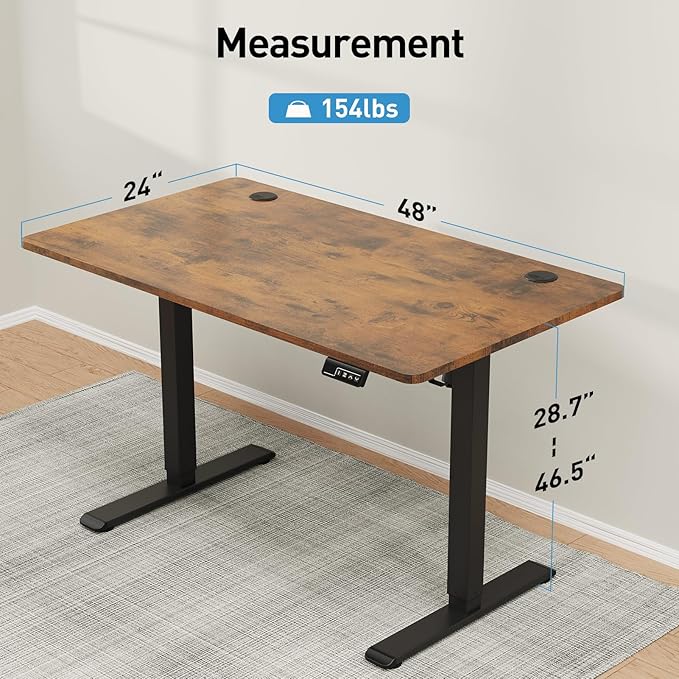 MOUNTUP Height Adjustable Electric Standing Desk Whole-Piece, 48 x 24 Inches Quick Assembly Sit Stand Desk, Stand Up Desk with Memory Controller, Ergonomic Desk, Rustic Brown - LeafyLoom