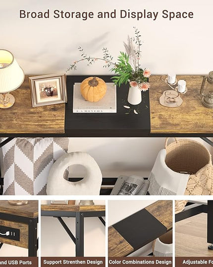 Narrow Console Table with Power Strips, Sofa Table with Storage Shelves for Living Room, 2-tier Foyer Tables for Entryway, Hallway, Behind Couch, Kitchen Counter, 39'', Rustic & Black - LeafyLoom