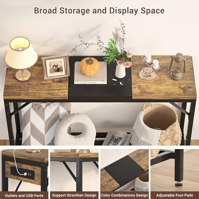 Narrow Console Table with Power Strips, Sofa Table with Storage Shelves for Living Room, 2-tier Foyer Tables for Entryway, Hallway, Behind Couch, Kitchen Counter, 39'', Rustic & Black - LeafyLoom