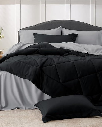 Bedsure Black Full Size Comforter Sets - 7 Pieces Reversible Comforter Set Full Bed in a Bag with Comforters, Sheets, Pillowcases & Shams, Full Bedding Sets - LeafyLoom