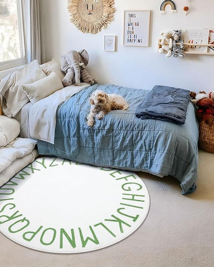 Topotdor Round Kids Play Rug Alphabet Nursery Area Rug Extra Large Soft Crawling Play Mat for Children Toddlers Bedroom (47 inch, Green/White) - LeafyLoom