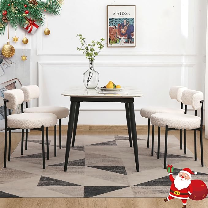 EDWELL White Dining Chairs Set of 4, Modern Dining Room Chairs with 3.94“ Cushions and Metal Legs, Round Upholstered Kitchen Dining Chairs, Ergonomic Backrest Boucle Chairs for Kitchen, Living Room - LeafyLoom