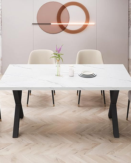 NicBex Dining Table Contemporary Kitchen Table Farmhouse Rustic 70.87" Square Dining Table with Printed White Marble Table Top+Black X-Shape Table Leg Rectangular Dining Table, White - LeafyLoom