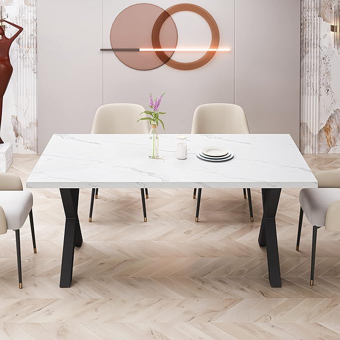 NicBex Dining Table Contemporary Kitchen Table Farmhouse Rustic 70.87" Square Dining Table with Printed White Marble Table Top+Black X-Shape Table Leg Rectangular Dining Table, White - LeafyLoom
