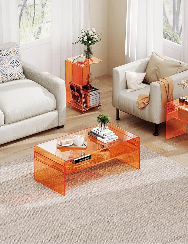 Acrylic Coffee Table for Living Room Clear Rectangle Lucite Table with Open Storage Shelf, Orange - LeafyLoom