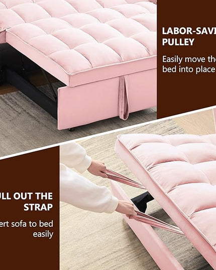 Loveseat Sofa Bed Convertible Chair with 2 Pockets & 2 Pillows for Living Room, Pink - LeafyLoom