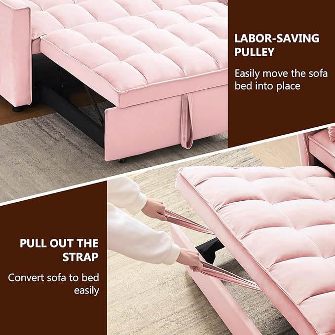 Loveseat Sofa Bed Convertible Chair with 2 Pockets & 2 Pillows for Living Room, Pink - LeafyLoom