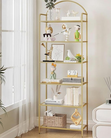 Bookcase Bookshelf, Tempered Glass Bookshelves, Slim Shelving Unit for Bedroom, Bathroom, Home Office, Steel Frame, 6 Tier Gold BC21699G - LeafyLoom