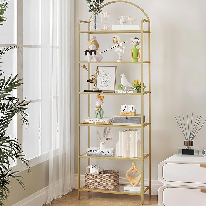 Bookcase Bookshelf, Tempered Glass Bookshelves, Slim Shelving Unit for Bedroom, Bathroom, Home Office, Steel Frame, 6 Tier Gold BC21699G - LeafyLoom