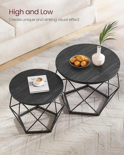 VASAGLE Small Coffee Table Set of 2, Round Coffee Table with Steel Frame, Side End Table for Living Room, Bedroom, Office, Charcoal Gray and Ink Black - LeafyLoom