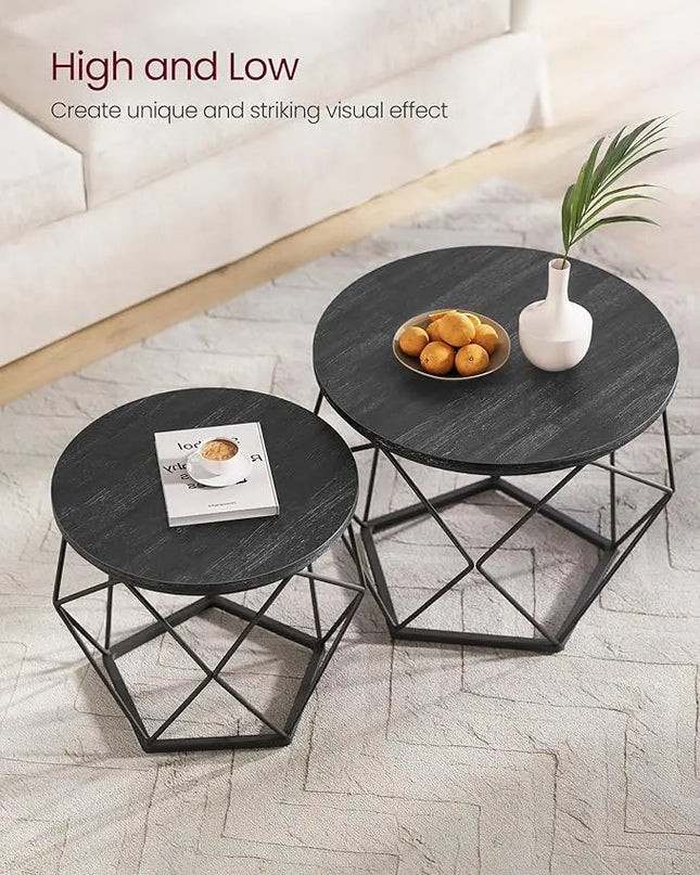 VASAGLE Small Coffee Table Set of 2, Round Coffee Table with Steel Frame, Side End Table for Living Room, Bedroom, Office, Charcoal Gray and Ink Black - LeafyLoom