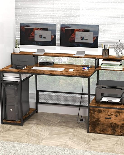 Home Office Desks with Drawers, 66'' Computer Desk with Storage, Office Desk with Monitor Stand, Work Desk with Outlets and USB, Gaming Table Desk with File Cabinet for Home Office Table, Brown - LeafyLoom