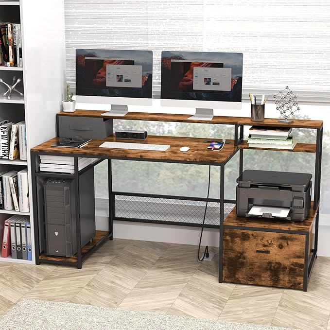Home Office Desks with Drawers, 66'' Computer Desk with Storage, Office Desk with Monitor Stand, Work Desk with Outlets and USB, Gaming Table Desk with File Cabinet for Home Office Table, Brown - LeafyLoom