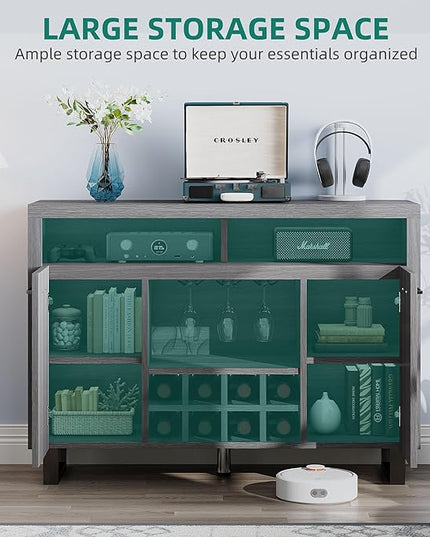 DWVO Coffee Bar Cabinet, 47" Modern Sideboard Buffet Cabinet with Storage, Wine Bar Cabinets with Wine and Glass Rack, Console Table for Kitchen & Living Room, Grey Oak - LeafyLoom