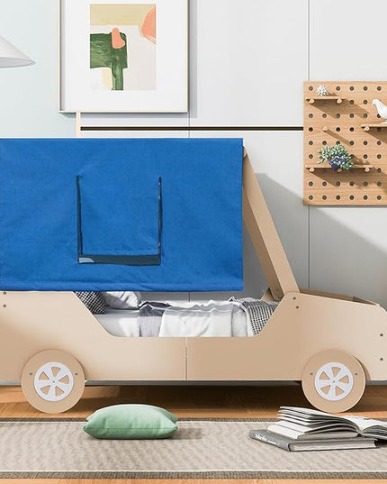 Full Size Kids Car Bed with Tent Canopy & Wheels,Wood Bedframe W/Safty Grille,Raised Base Design,Easy to Assemble,Toddler Boys Car-Shaped Bedroom Beds for Reading Playing Relaxing,Natural - LeafyLoom