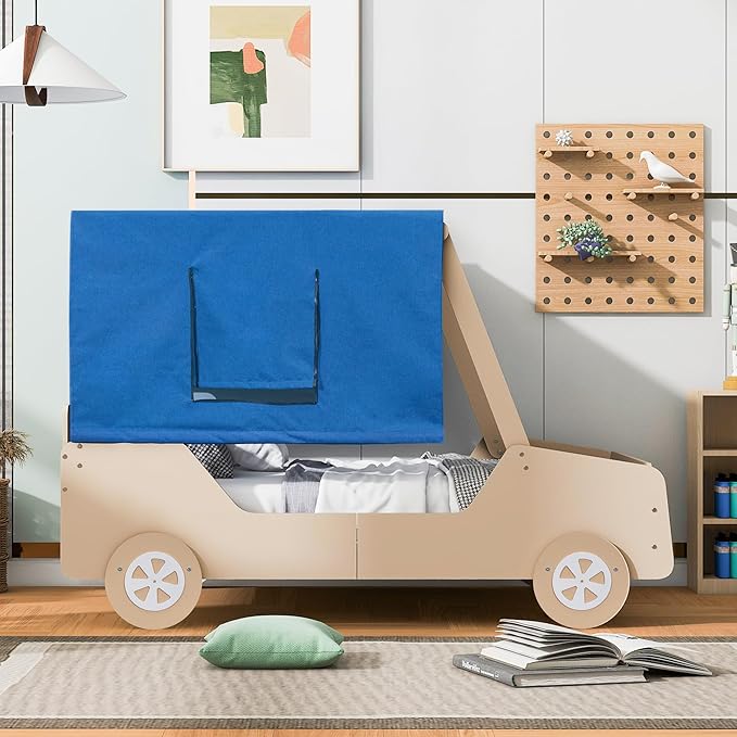 Full Size Kids Car Bed with Tent Canopy & Wheels,Wood Bedframe W/Safty Grille,Raised Base Design,Easy to Assemble,Toddler Boys Car-Shaped Bedroom Beds for Reading Playing Relaxing,Natural - LeafyLoom