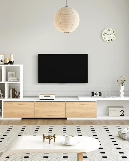 Extendable Stand with 3 Tier Bookshelves for TVs up to 110'', Adjustable Entertainment Center with Storage Cabinets, Sliding Tabletop Media Console for Living Room, White, 126 inch Length - LeafyLoom