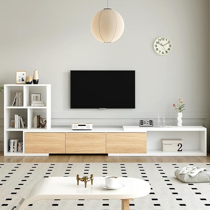 Extendable Stand with 3 Tier Bookshelves for TVs up to 110'', Adjustable Entertainment Center with Storage Cabinets, Sliding Tabletop Media Console for Living Room, White, 126 inch Length - LeafyLoom