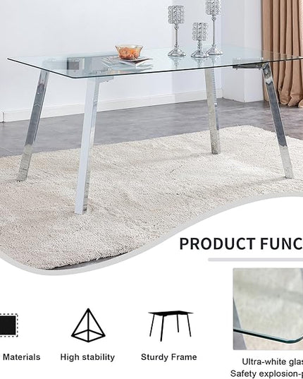 NicBex 63Inch Rectangular Dining Table,Minimalist Kitchen Table with Tempered Glass Tabletop and Silver Metal Legs for 6 to 8,Large Dining Room Table for Kitchen,Dining Living Room,Silver+Transparent - LeafyLoom
