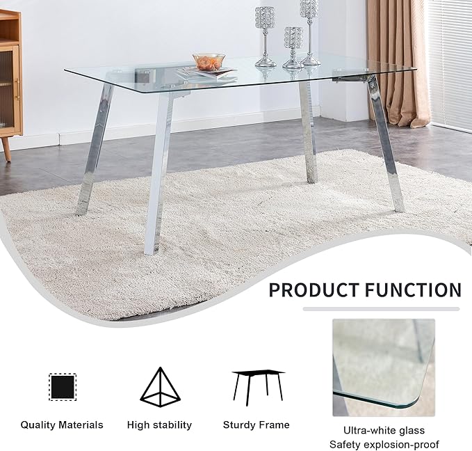 NicBex 63Inch Rectangular Dining Table,Minimalist Kitchen Table with Tempered Glass Tabletop and Silver Metal Legs for 6 to 8,Large Dining Room Table for Kitchen,Dining Living Room,Silver+Transparent - LeafyLoom