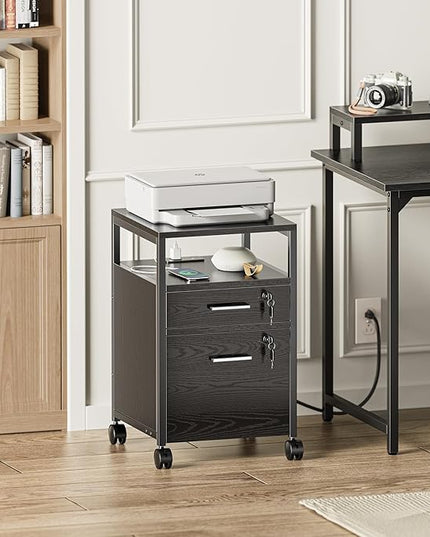 SUPERJARE File Cabinet with Lock & Charging Station, 2 Drawers Rolling Filing Cabinet, Office File Cabinet with Wheels & Open Shelf, for Home Office, A4/Letter Size Files Under Desk - Black - LeafyLoom
