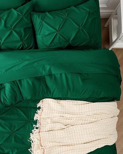 Bedsure King Size Comforter Set - Bedding Set King 7 Pieces, Pintuck Bed in a Bag Dark Green Bed Set with Comforter, Sheets, Pillowcases & Shams - LeafyLoom