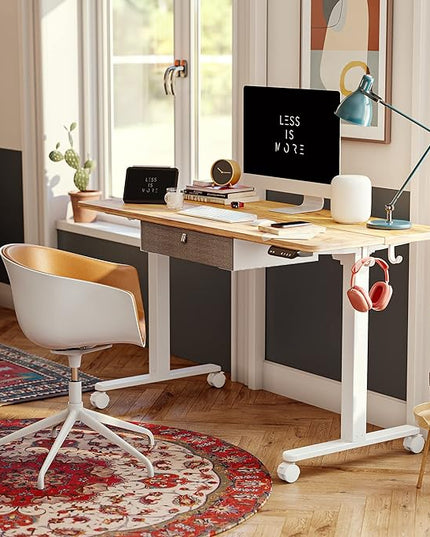 FEZIBO 55 x 24 Inches Standing Desk with Drawer, Adjustable Height Electric Stand up Desk with Storage, Sit Stand Home Office Desk, Ergonomic Computer Desk, Light Rustic - LeafyLoom