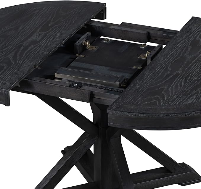 Small Dining Table Set for 4-6, Modern Round Extendable Table and Upholstered Chairs, X-Shaped Cross Base, Button Tufting Backrest, Retro Style Home Furniture for Small Spaces, Living Room - LeafyLoom