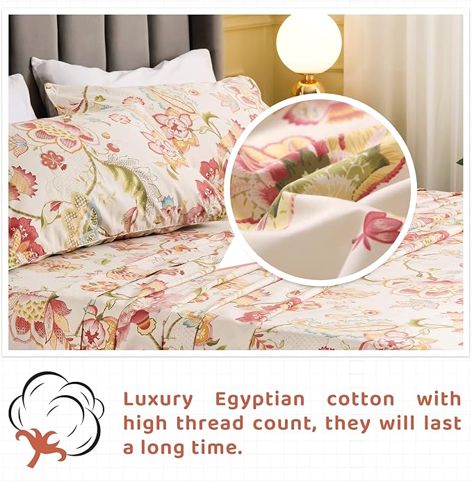 QSH Floral Bed Sheets Set - Queen Size Boho Lotus Print Bed Sheet Set - Extra Soft and Breathable 100% Egyptian Cotton - Farmhouse Bedding - 4 pcs Deep Pockets Flower Bed Sheets - LeafyLoom
