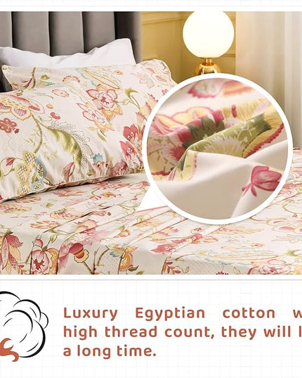 QSH Floral King Size Sheet Sets - Lotus Botanical Print Printed Bedding 100% Egyptian Cotton Sheets for King Size Bed Sheets with Deep Pockets Extra Soft and Breathable 4pcs - LeafyLoom