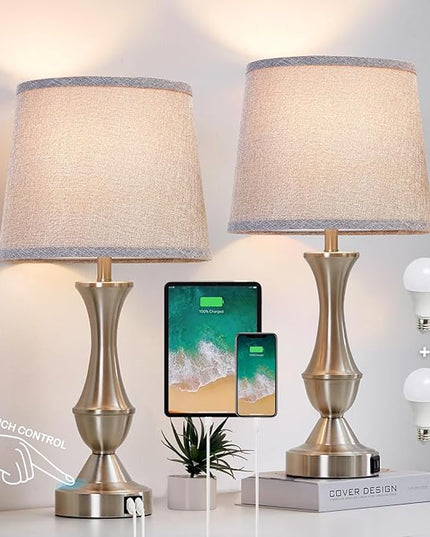 Luvkczc Table Lamps for Bedrooms Set of 2, Touch Nightstand Lamps, Bedside Lamps with USB C+A Charging Ports,3 Way Dimmable Nightstand Lamps for Living Room, Dorm, Home Office - LeafyLoom