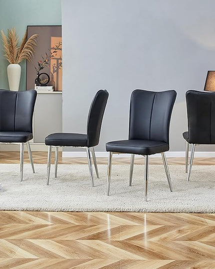 Modern Dining Chairs Set of 4, PU Leather Seat Cushions Black Dining Room Chair, with Silver Metal Legs Kitchen Chair for Home Living Room, Restaurant, Black Chair Silver Legs - LeafyLoom