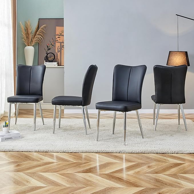 Modern Dining Chairs Set of 4, PU Leather Seat Cushions Black Dining Room Chair, with Silver Metal Legs Kitchen Chair for Home Living Room, Restaurant, Black Chair Silver Legs - LeafyLoom
