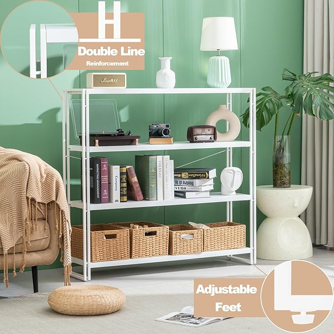 HCHQHS Bookshelf, 4-Tier Industrial Bookcase, White Open Book Shelf, Freestanding Tall Bookshelves with Metal Frame - LeafyLoom