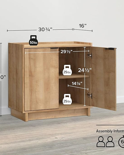 Prepac Simply Modern 2 Console Table, White Doors and Shelves, Buffet Cabinet with Storage, 30.75" W x 30" H x 16" D, Oak - LeafyLoom
