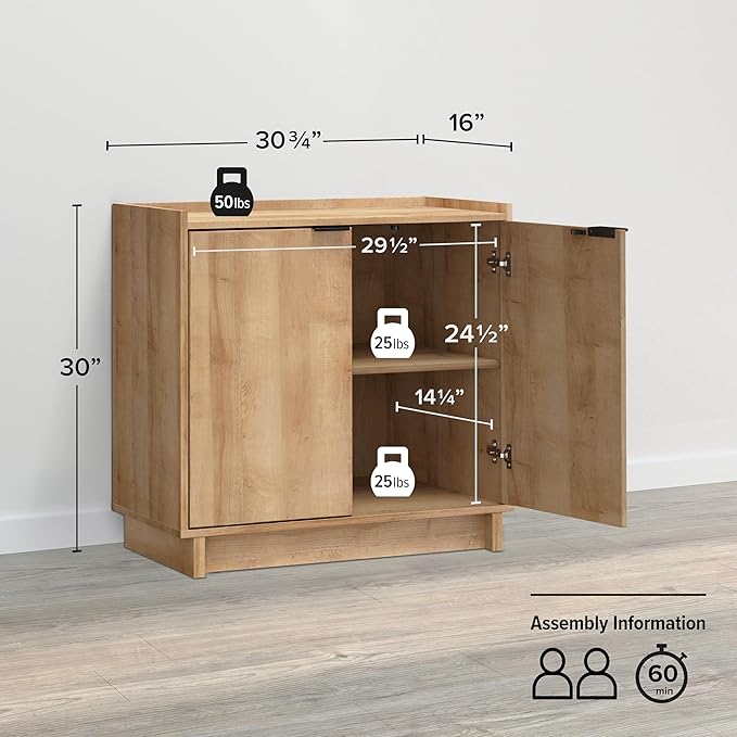 Prepac Simply Modern 2 Console Table, White Doors and Shelves, Buffet Cabinet with Storage, 30.75" W x 30" H x 16" D, Oak - LeafyLoom