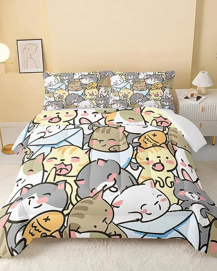 Kawaii Cat Comforter Twin Size,Cute Cat Comforter Set for Kids Teens Girls,3Pcs Bedding Set Printed Comforter with 2 Pillowcases,Down Alternative,Soft and Lightweight，Twin Size - LeafyLoom