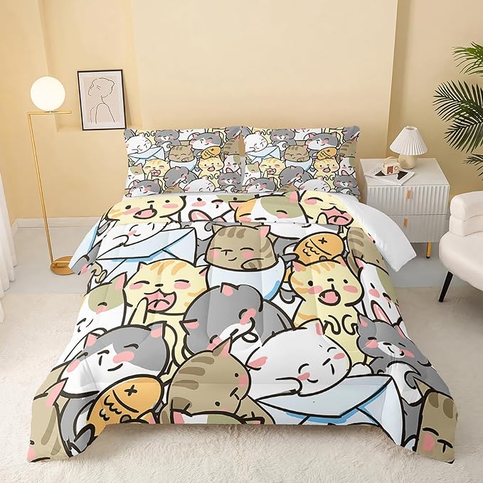 Kawaii Cat Comforter Twin Size,Cute Cat Comforter Set for Kids Teens Girls,3Pcs Bedding Set Printed Comforter with 2 Pillowcases,Down Alternative,Soft and Lightweight，Twin Size - LeafyLoom