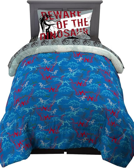 Jurassic World Dominion Blue Velociraptor and Rexy T-Rex Super Soft Microfiber Reversible Comforter, Twin Size, Bedding by Franco Kids - LeafyLoom