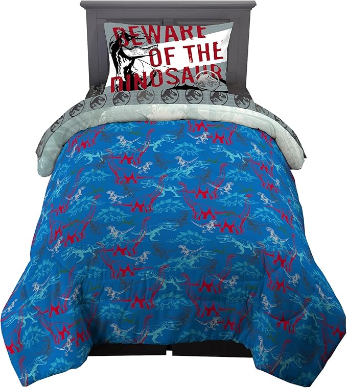 Jurassic World Dominion Blue Velociraptor and Rexy T-Rex Super Soft Microfiber Reversible Comforter, Twin Size, Bedding by Franco Kids - LeafyLoom
