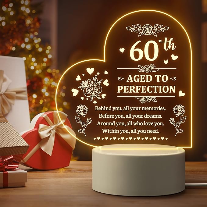 60th Birthday Gifts for Women, 60th Birthday Decorations for Woman -Night Light, 60 Year Old Gifts for Women, Gifts for Women Turning 60, 60th Birthday Gift Ideas - LeafyLoom