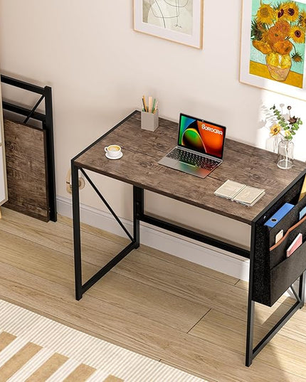 Folding Desk, Small Foldable Desk 31.5 Inch for Small Space, Computer Table Home Office Writing Desk with Storage Bag Headphone Hook, Easy Assembly, Brown - LeafyLoom