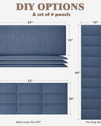 Queen Headboard, Wall Mounted Peel and Stick Headboard, Upholstered Tufted Bed Headboard for Queen Size Bed, Floating Dorm Bedroom Tall Headboard Soundproof Wall Panels (9 Panels, 10"x24") - LeafyLoom