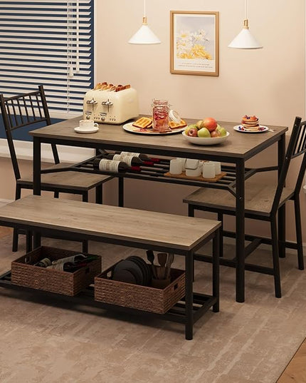 GAOMON Dining Table Set for 4, Kitchen Table with Chairs and Bench, 4-Person Dining Room Table Set with Wine Rack, Rectangular Kitchen Table Set for Small Space, Apartment, Home, Rustic Grey - LeafyLoom