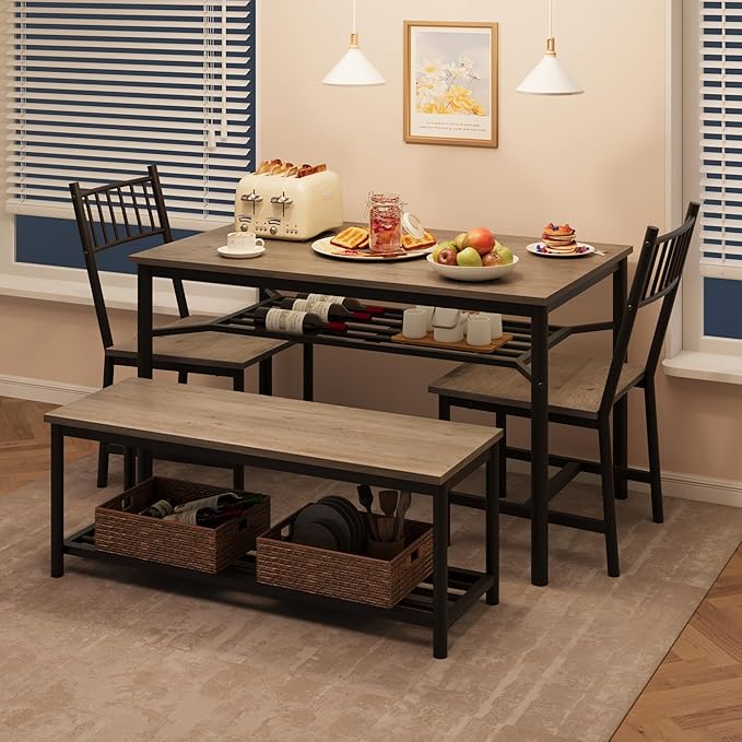 GAOMON Dining Table Set for 4, Kitchen Table with Chairs and Bench, 4-Person Dining Room Table Set with Wine Rack, Rectangular Kitchen Table Set for Small Space, Apartment, Home, Rustic Grey - LeafyLoom